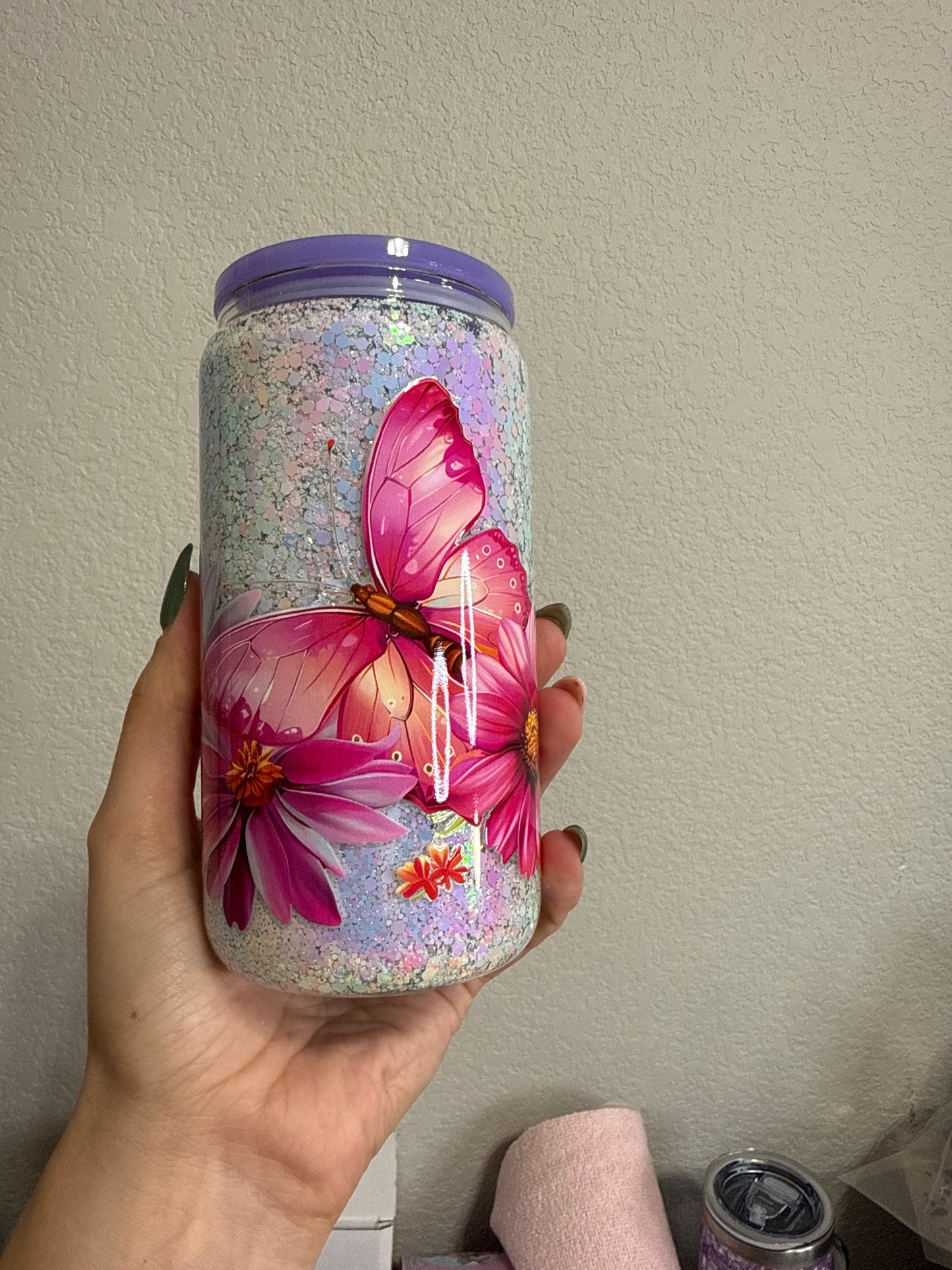 Pink butterfly 16oz glass